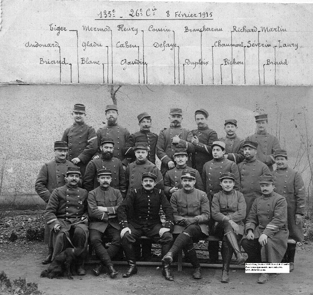 regiment135 24.jpg - Photo N° 24 : Officiers et sous-officiers de la 26e compagnie du 135e régiment d'infanterie le 8 février 1915.TIGER - ANDOUARD - BRIAND - Louis MERMOD - GLADU - BLANC - FLEURY - CAHEU - GAUDIN - COUSIN - DEFAYE - BRANCHEREAU - DUPLEIX - RICHARD - CHAUMONT - PICHOU - MARTIN - SÉVERIN - LAURY - BRAUD.