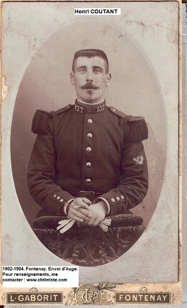 Coutant.jpeg - Henri Auguste COUTAND (COUTANT), classe 1901. Le 14 novembre 1902, lors de son incorporation, au 137ème régiment d'infanterie de Fontenay-le-Comte. Puis il part travailler au Canada vers 1910-11. Domestique dans la province de Cardinal, dans le Manitoba, au Canada. Rappelé le 1er août 1914 au 137 RI, puis versé au 337ème régiment d'infanterieI, Henri COUTANT meurt pour la France le 27 septembre 1915 au Bois d'Hauzy (Marne). Sa fille unique Eugénie, qu'il ne connaîtra jamais, verra le jour le 3 avril 1915 à Lorne dans la province canadienne du Manitoba.