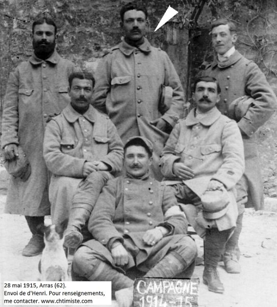 regiment59 5.jpg - Photo N° 5 : 28 mai 1915, Arras (62). La flèche : Fernand MONTEGUT de Mirande (Gers) caporal au 59e R.I. Mort le 2 juillet 1915 à l'ambulance 3 à Arras.