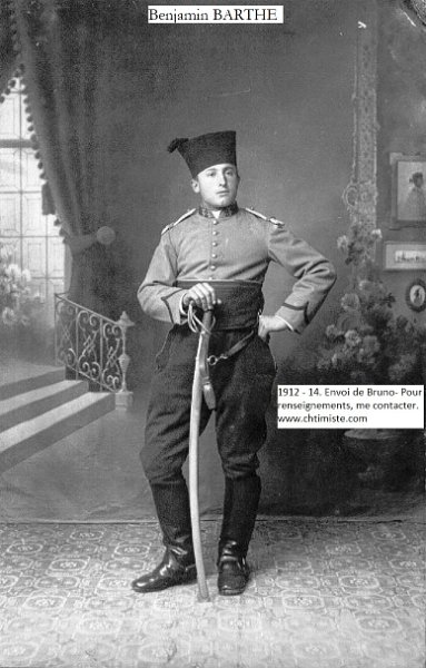 2RCA BARTHE.jpg - Benjamin BARTHE du 2e régiment de Chasseurs d'Afrique - Engagé volontaire pour 4 ans le 14 octobre 1912 - Blessé au thorax le 14 septembre 1914 (hôpital de Soissons) - Il est né à Courpignac (17) demeurant à Montendre (17).