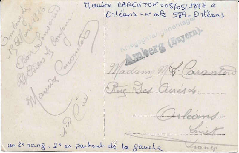 Amberg1b.jpg - Photo N° 1 verso : Maurice CARENTON né Orléans le 05/05/1887 (Matricule 589, Orléans) - Rue des Curés à Orléans. Camp d'Amberg (Allemagne).