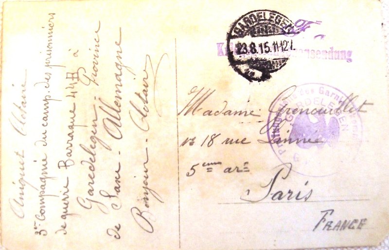 gardelegen5b.jpg - Photo n° 5 verso : Carte envoyée en août 1915 par Clotaire ANIQUET (classe 1910, Seine-et-Marne) du 94ème régiment d'infanterie (où sur la photo ?) à Madame GRENOUILLET, 18 rue Linnée à Paris