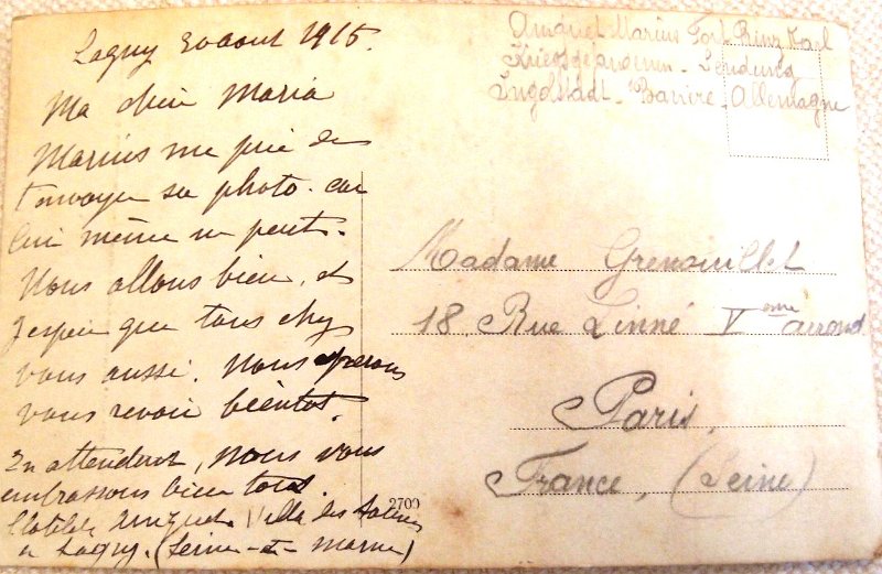 Ingolstadt5b.jpg - Photo N° 5 verso :  Août 1915 - Carte envoyée à Madame GRENOUILLET, 18 rue Linné à Paris - De Marius AMQUEL (?)