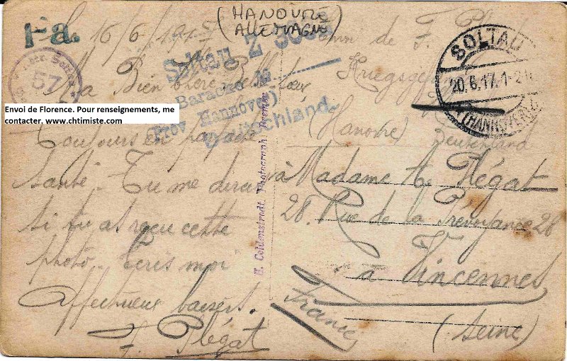 soltau23b.jpg - Photo N° 23b - Juin 1917 - Envoi de F. PLÉGAT à Madame PLÉGAT de Vincennes