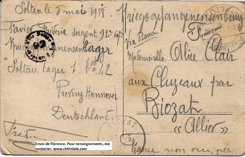 soltau40b.jpg - Photo N° 40b : Carte envoyée à Alice CLAIR aux Cluzeaux (Allier) - Mai 1918