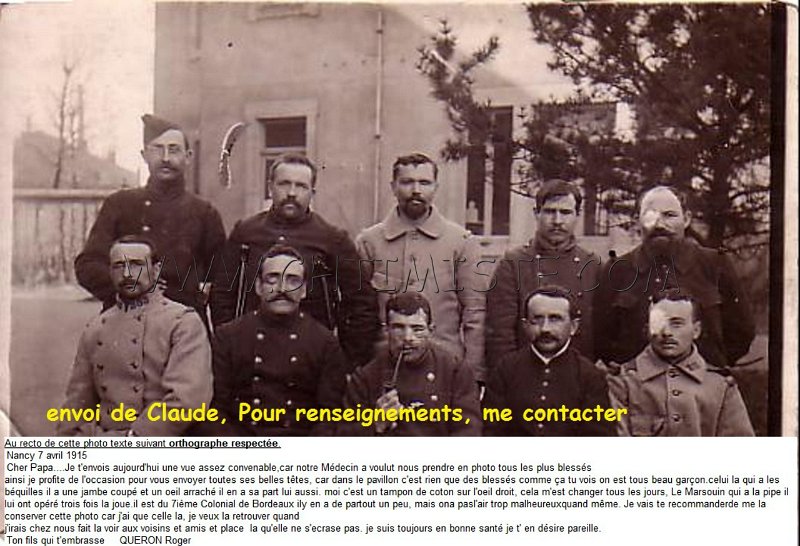 hopitalinconnu102.JPG - 102 : Envoi de Claude : " Photo de mon oncle QUERON Roger 1ier assis à droite. Né à Villemorin Charente-Maritime, d.c.d.à Ivry sur Seine. 277ème R.I. en renfort au 314ième R.I. lors de la bataille de XON, blessé le 15 février 1915 "