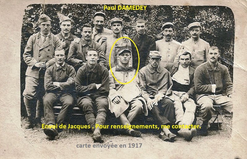 hopitalinconnu144.jpg - 144 : Paul DAMEDEY est passé par le 159ème (voir 2 photos à ce régiment), puis le 359ème, puis le 158ème et enfin le 8ème régiment d'infanterie. Blessé plusieurs fois (ici, trois doigts coupés). il était clairon. Non décédé à la guerre. Merci à Jacques, son fils.