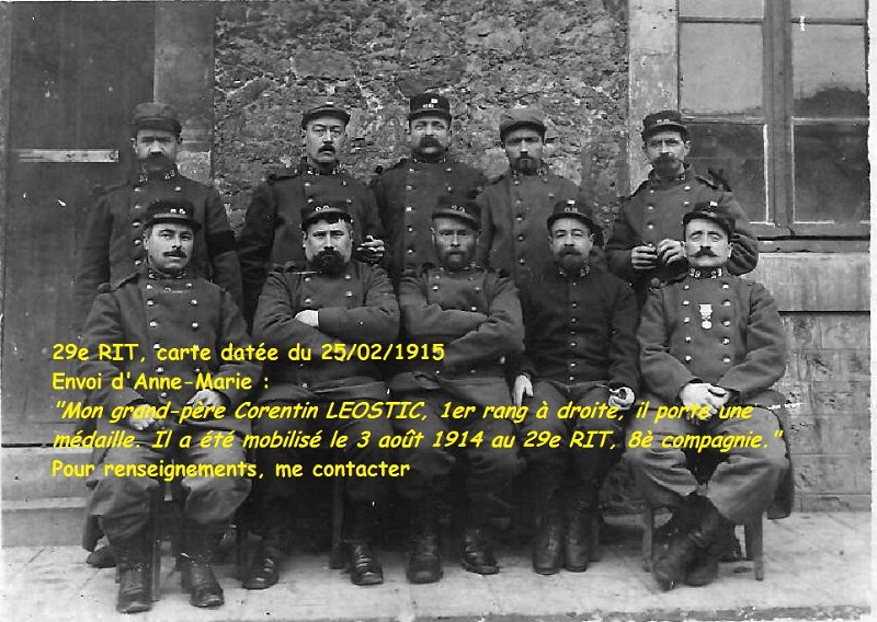 regimentterritorial29 4.jpg - Photo N° 4 : Yves Corentin LEOSTIC : Engagé volontaire pour 4 ans, il a été incorporé au 6è RIM le 20 septembre 1898 à Brest, passe ensuite au Bataillon de Diego Suarez le 10 février 1899, puis au 15è RIM le1er juillet 1900, ce dernier deviendra le 15è RIC, passe ensuite au 6è RIC le 9 mars 1902 puis dans la réserve de l'armée active le 20 septembre 1902. Suite à un changement de domicile, il passe à la subdivision de Dreux (28) au 29è RIT, puis dans ce même régiment au 1er Bataillon de Pionniers le 1er août 1918. Il sera renvoyé dans son foyer le 23 janvier 1919. (source : livret militaire )